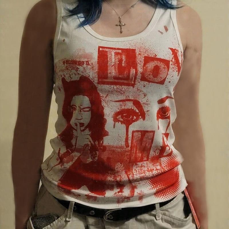 European and American women's clothing summer sleeveless short top casual round neck slim figure printing I-shaped small vest
