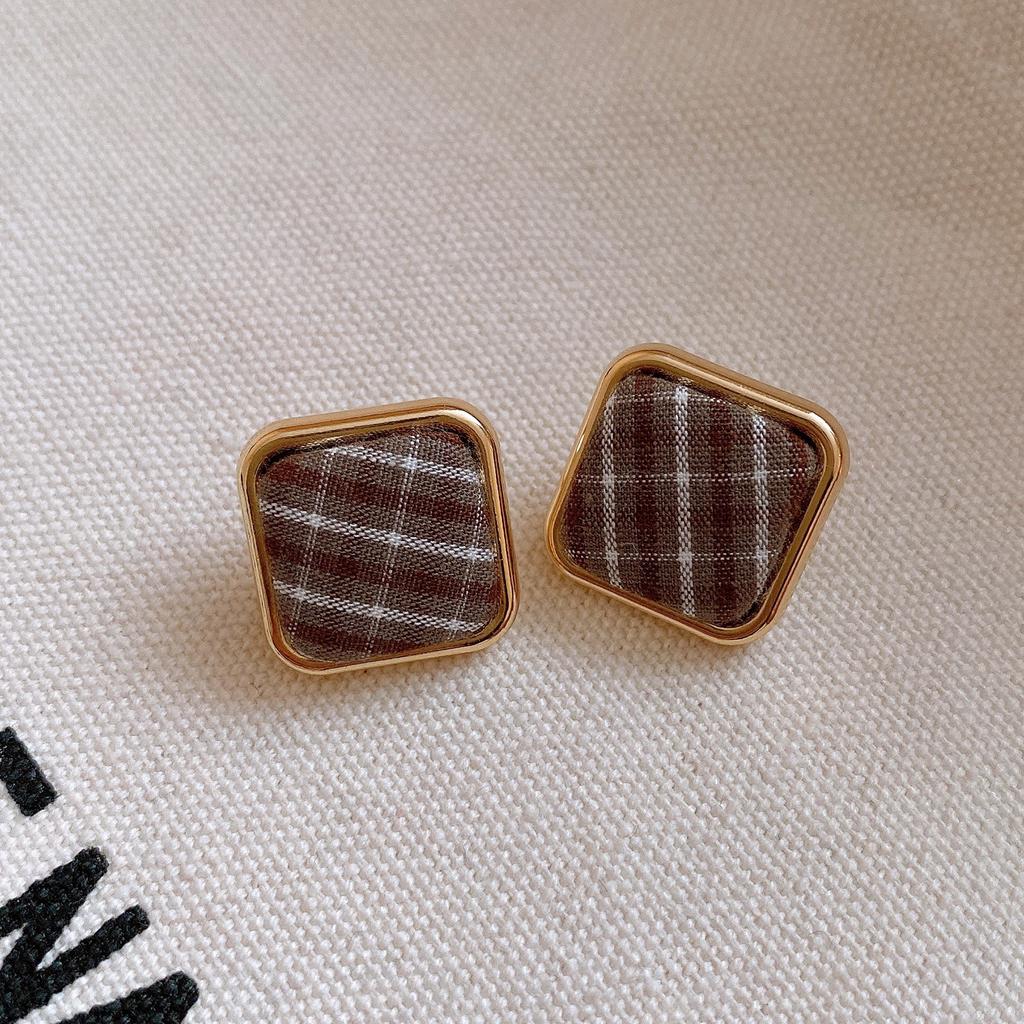 Silver Needle Retro Hong Kong Style Square Fabric Plaid Earrings Earrings Autumn and Winter Personality Earrings Women