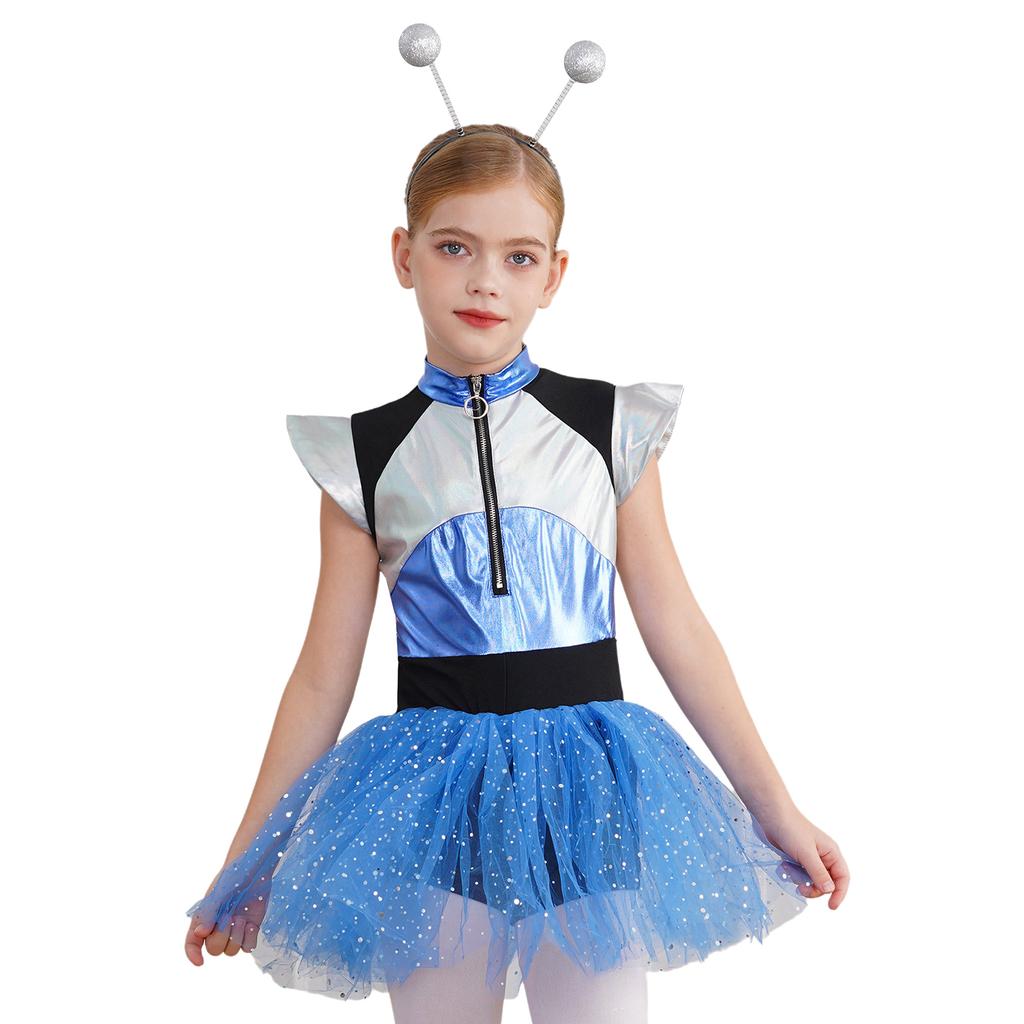 Kids Alien Cosplay Costume Short Sleeve Patchwork Shiny Spangles Dress Bodysuit with Alien Hair Hoop Set for Halloween Party Performance