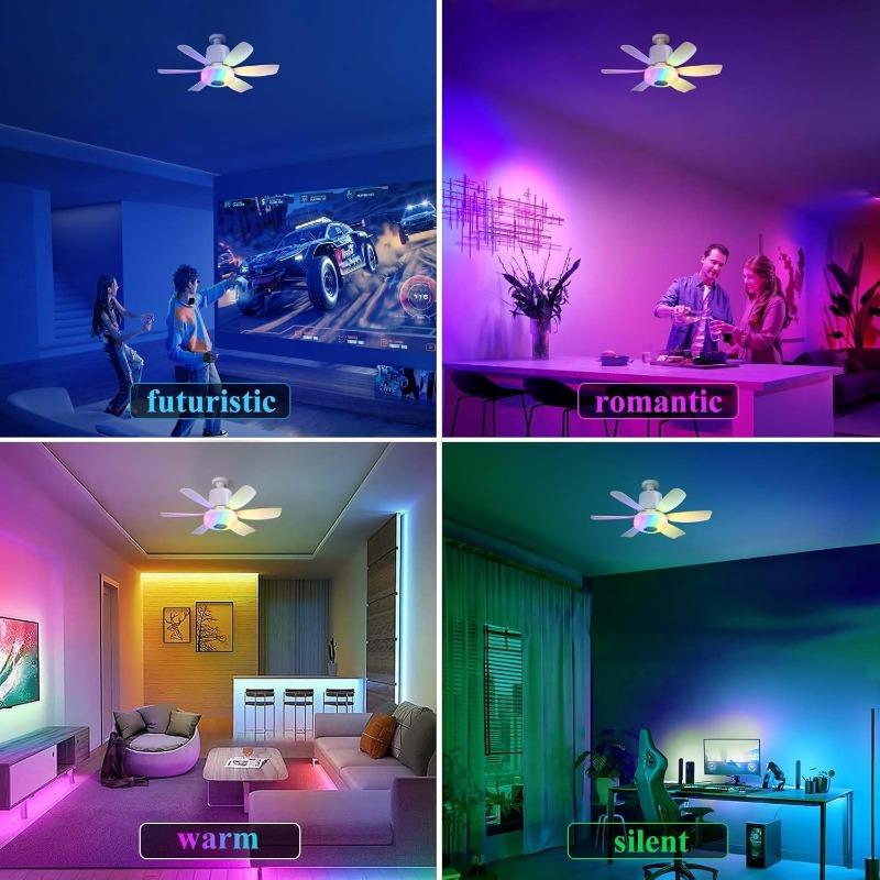 2026 New RGB Color Changing E27 Ceiling Fans with Remote Bluetooth Music 32W Led Ceiling Fan Light for Bedroom Kitchen Lighting
