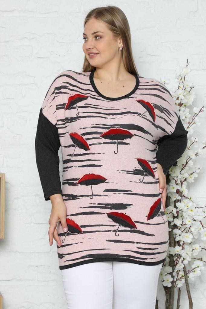 Women's Style Plus Size Tunic Pink Umbrella Patterned Stone Embroidered Long Sleeve Tunic