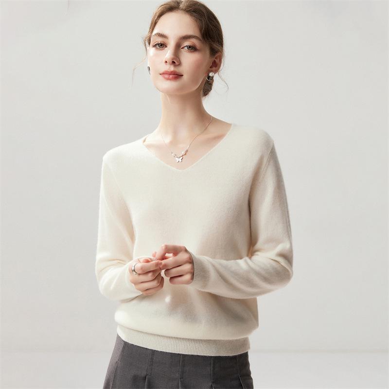 Lekasha Women's Cashmere Goat Wool V-Neck Pullover: Autumn/Winter Plain, Solid Color, Loose Fit Base Layer.
