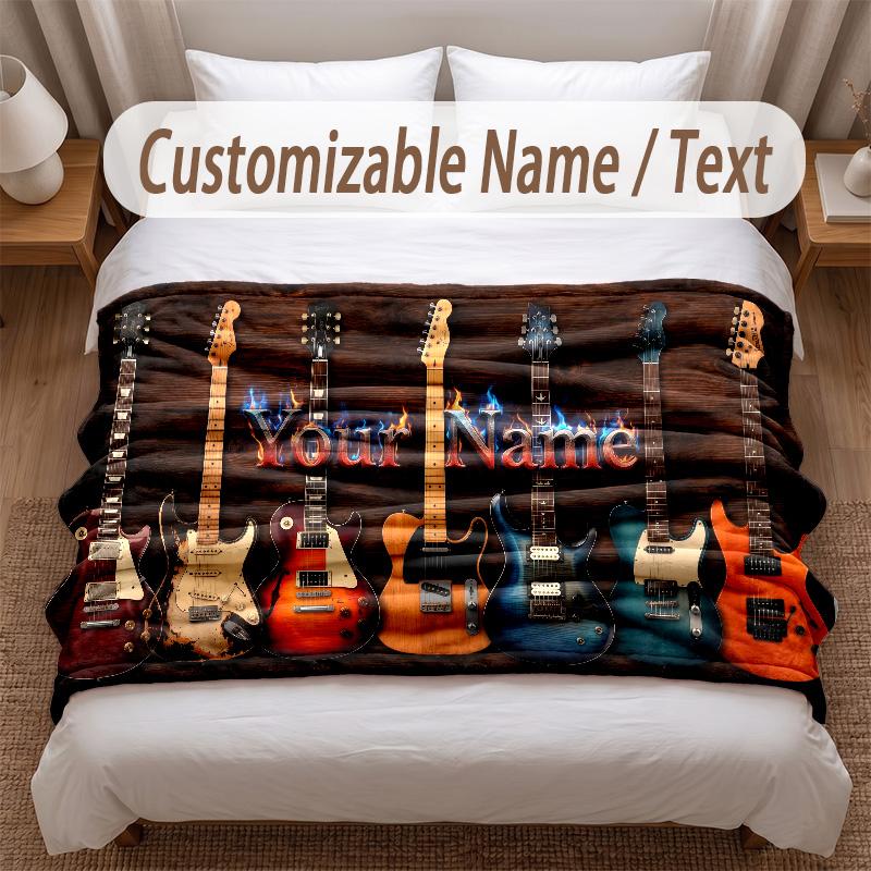 Music Guitar Theme Soft Blanket Personalized Custom Name Text Print Warm Blanket Home Sofa Bedroom Decor