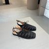 New Retro Style Square Head Hollow Woven Breathable Light Mouth One-word Buckle with Thick Heel Sandals Women