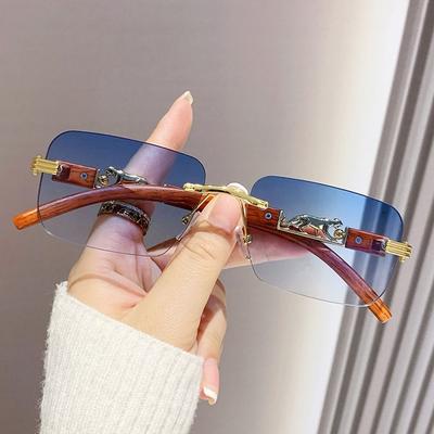 Metal Temples Rimless Cut Edge Sunglasses UV400 Cool Cheetah Design Sunglasses Unique Summer Traveling Eyewear for Women & Men