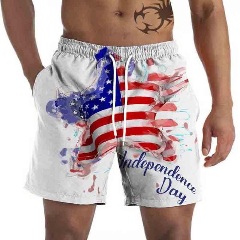 Summer Men's 3D Independence Day Printed Shorts Loose Straight Leg Cropped Beach Shorts