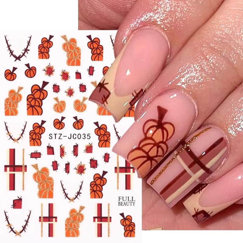 1 Blatt Herbstblatt Karomuster Linie Klebe-Slider Niedliche Kürbis-Nagelsticker Abziehbilder Herbst Erntedankfest Nageldesign Zubehör
