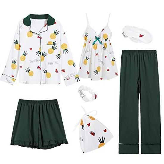 

Snoopy Fruit 7 Piece Top and For Autumn [Improd] Pajamas, Pajamas, Cute, Set, Bottom, Skin-friendly, Loungewear, Spring, Summer, (M, Pineapple)