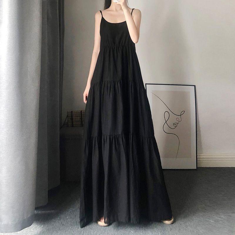 Korean Style Plus Size Spaghetti Strap Maxi Dress - Women's Slimming Summer Ankle-Length