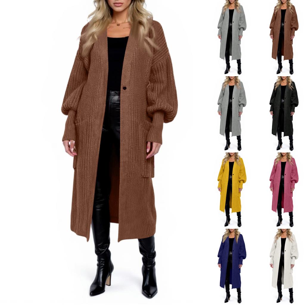 Women's Casual Loose  Sleeve Pocket Mid-Length Knitted Sweater Jacket