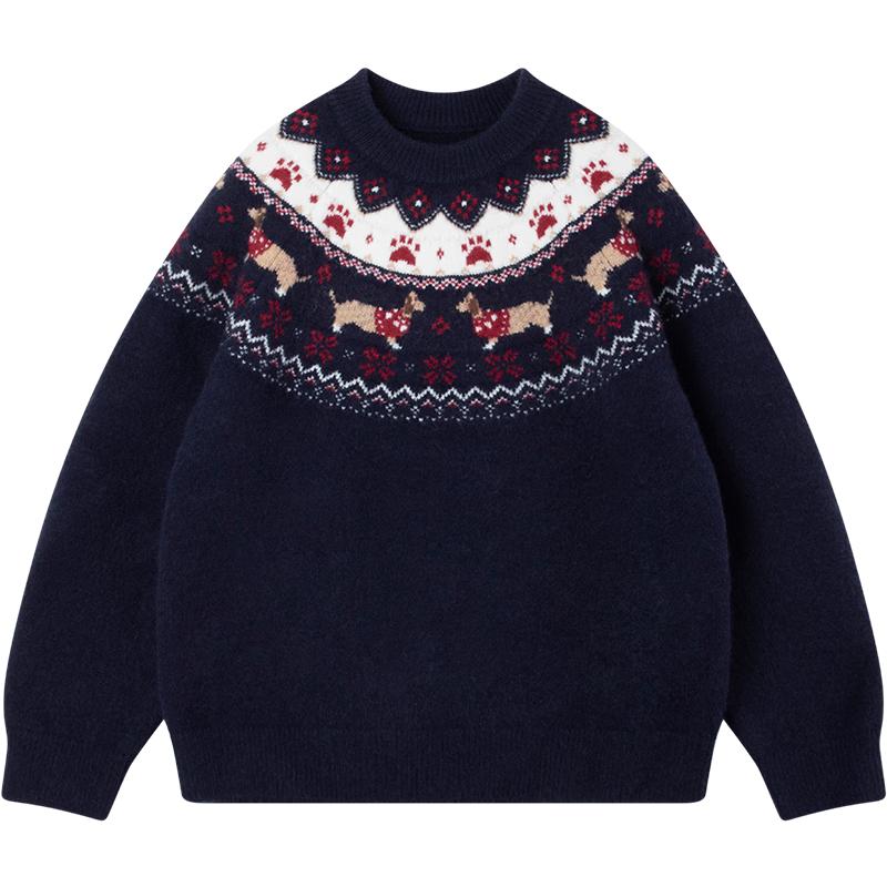 Mucmukn Kids Retro Dachshund Fair Isle Wool Blend Sweater 160