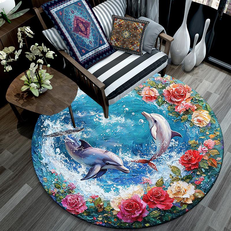 Dolphins Round Area Rug,Carpet Rug for Living Room Bedroom Sofa Playroom Decor,Non-slip Floor Mat