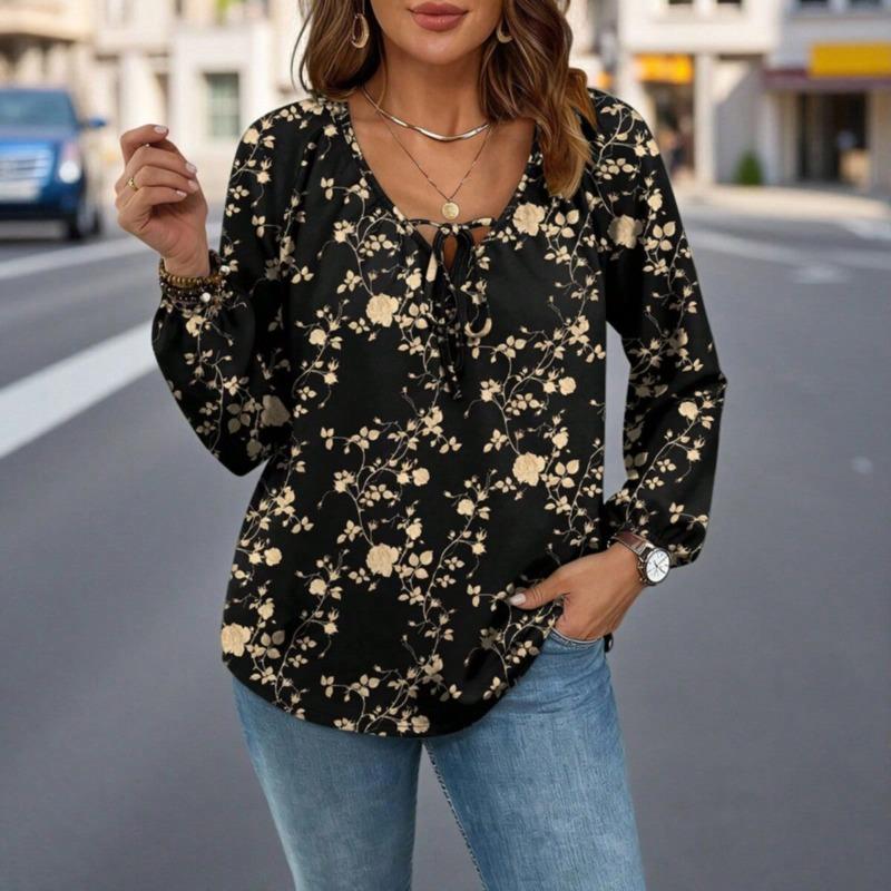 JPNTKY Women's Fashion Casual Solid Color Print V-Neck Long Sleeve Blouses & Shirts