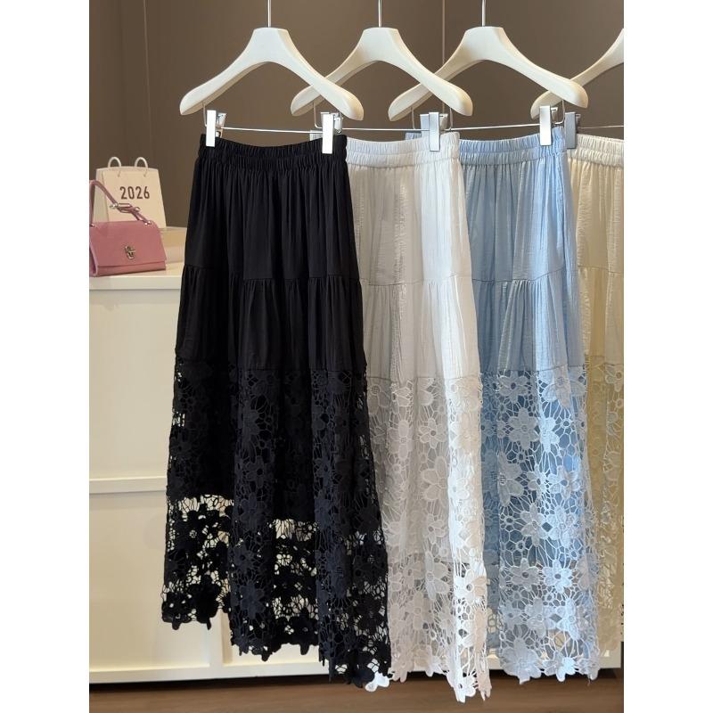 Lace Crochet A-Line Midi Skirt Hollow Patchwork Half Skirt Versatile Designer Women's Skirt JM2619