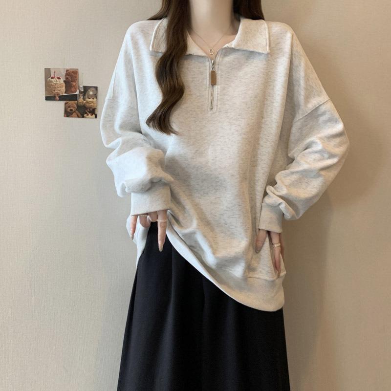 Real Shot Half Zipper Lo Lapel Long-sleeved Sweater Women's Season Thin Loose and Thin Top