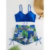 Tropical Leaf Print V Neck High Waist Bikini Sets - Drawstring Spaghetti Straps Boxer Short Bottoms Two Pieces Swimsuit, Women's Swimwear & Clothing
