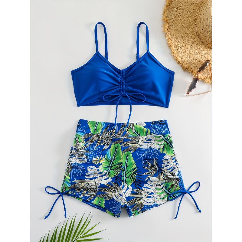 Tropical Leaf Print V Neck High Waist Bikini Sets - Drawstring Spaghetti Straps Boxer Short Bottoms Two Pieces Swimsuit, Women's Swimwear & Clothing