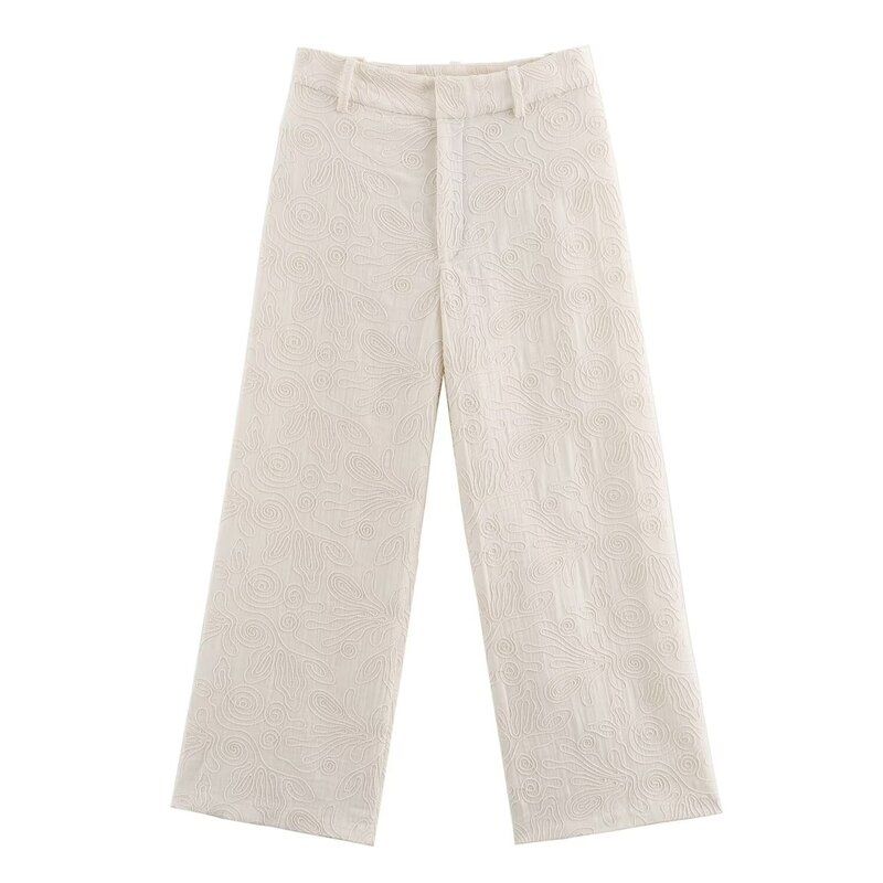 Fashion Style 2024 Summer New Arrival Women's round Neck All-Matching Slimming Embroidered Shirt Mid Waist Wide Leg Pants 4437245