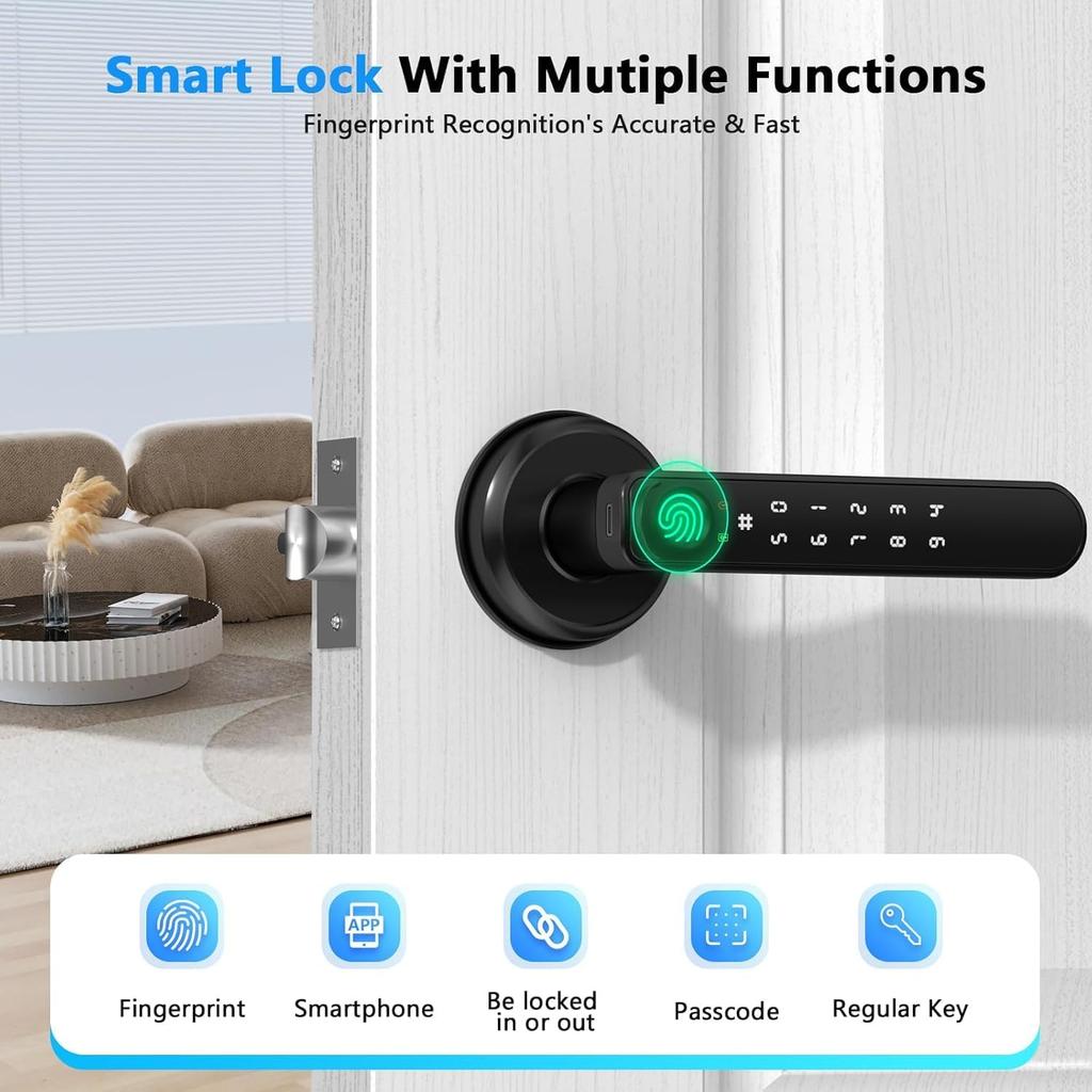 Fingerprint Door Lock, Smart Door knob, Biometric Door Lock, Bedroom Door knob with Code and App, Keypad Keyless Entry with Handle for Home Hotel