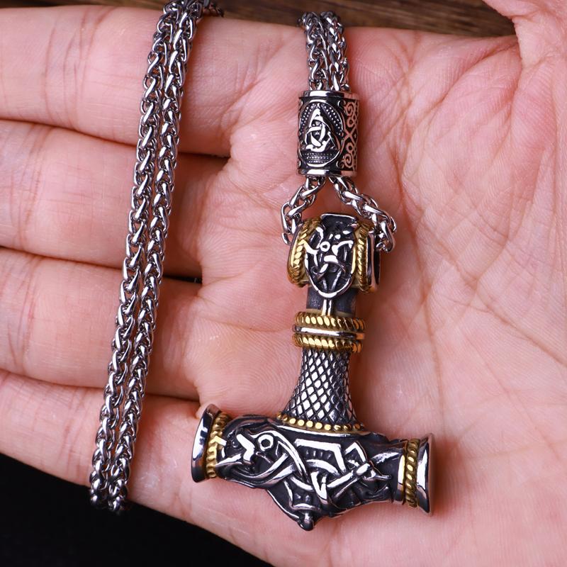 Flerfärgad pärlhalsband med vikingahammare och Thors hammare, rostfritt stål, herrhalsband, Mjolner amulett, smycken