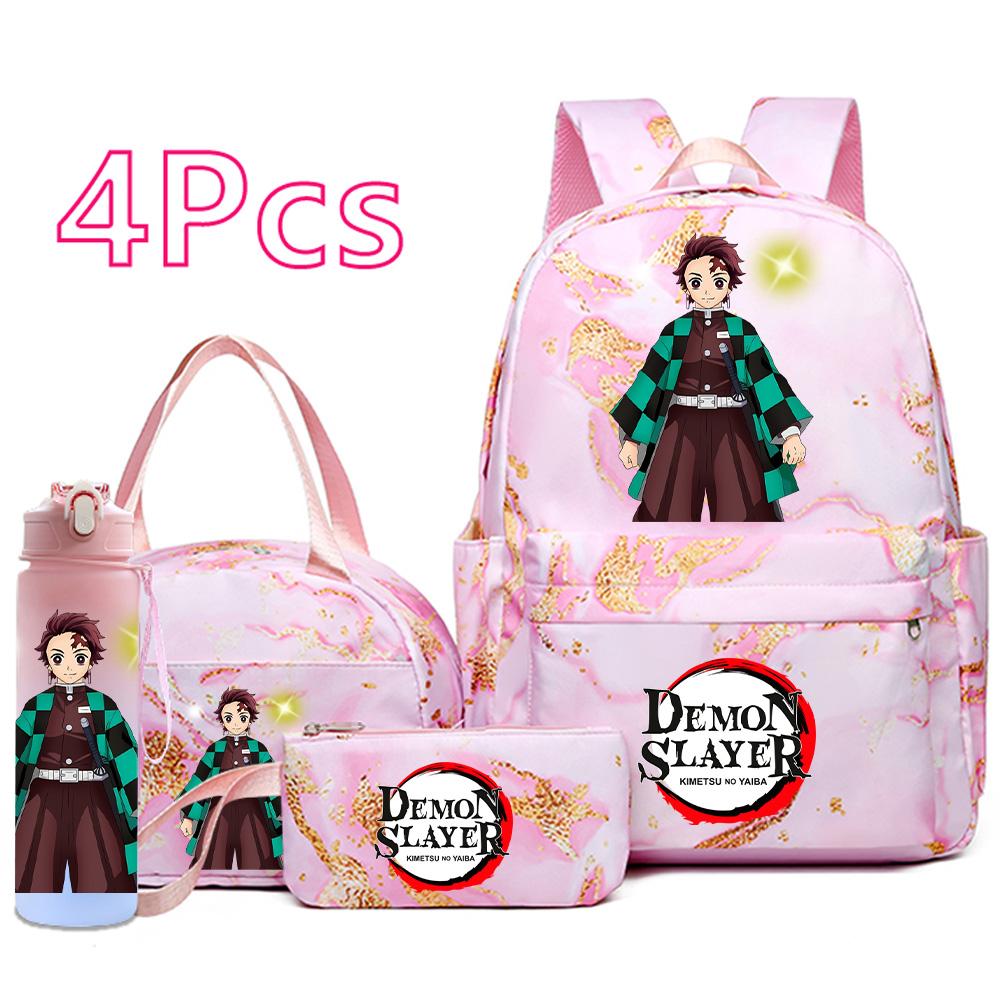 

4Pcs/set Anime Demon Slayer Printed Backpack Handbag Pencil Case 750Ml Water Bottler for Teenager Boy Girl Schoolbag Large Capacity Waterproof Bookbag