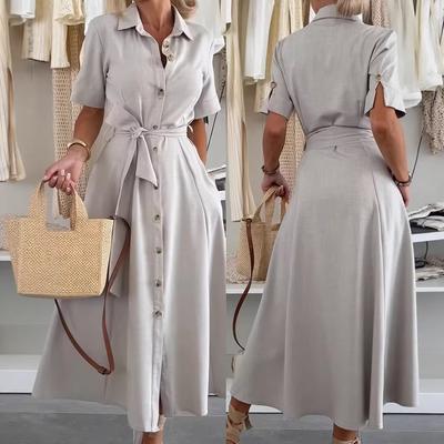 Europäische und amerikanische Damenbekleidung elegantes einreihiges mittellanges Kleid lockere Taille Schlitz Kurzarm Schnürung Hemdblusenrock