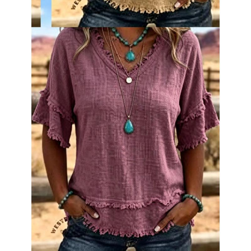 TIFICY Women's Fashion Casual Summer Spring Solid Color Print Short Sleeve V-Neck Blouses & Shirts
