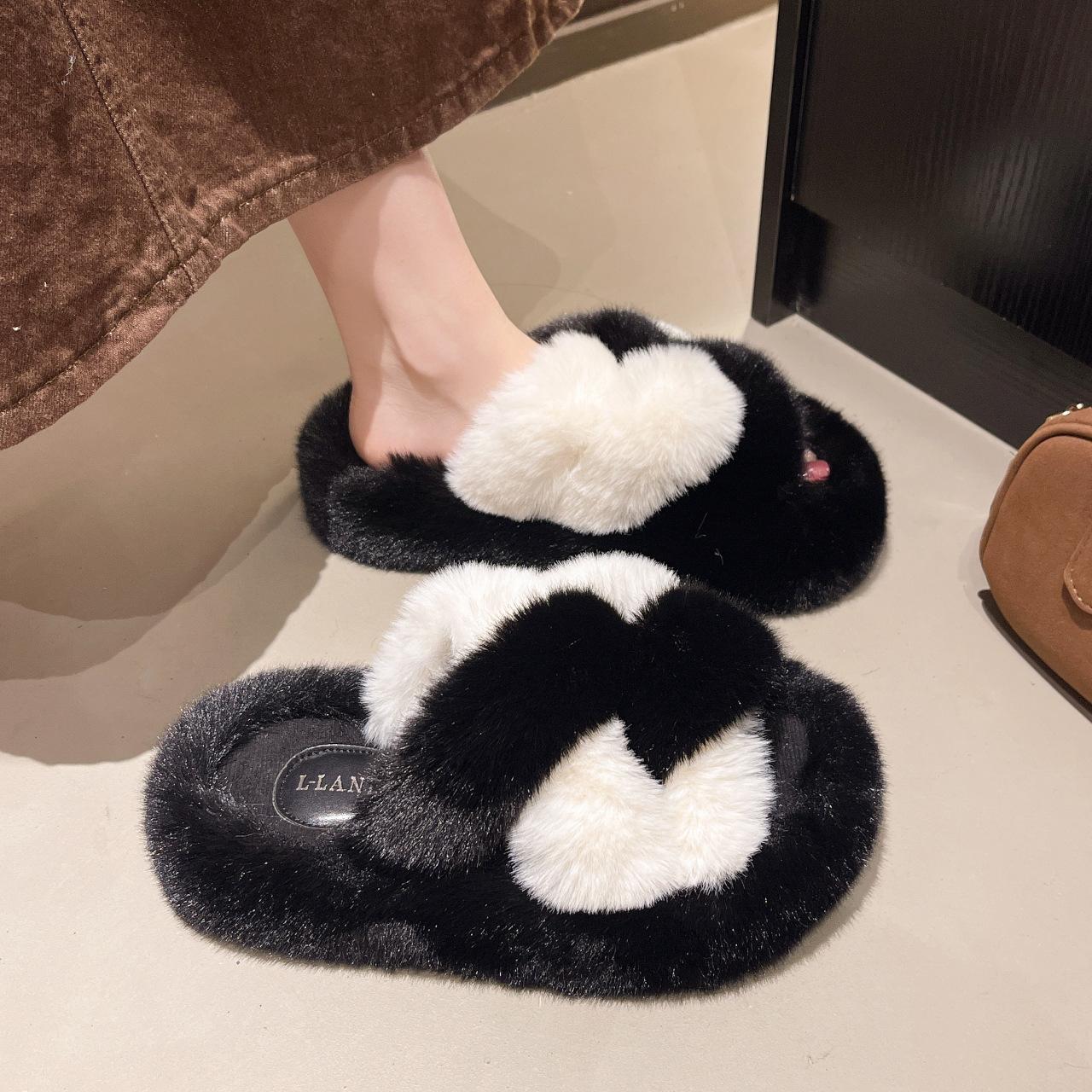 

Foreign trade large size autumn and winter new round-headed panda color scheme cross-piled thick bottom heightening fluffy slippers women s 41 чёрный