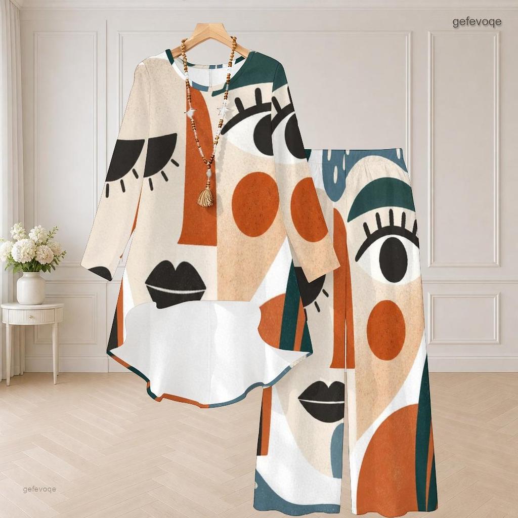 Women Plus Size Round Neck Long Sleeve Printed High Low Top Wide Leg Pants Two Piece Set