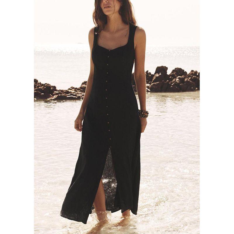 Summer Women's Clothing Decorated Row Button Slit Hemline At Hem Sleeveless Square Collar Linen Blend Midi Skirt Dress 6962029
