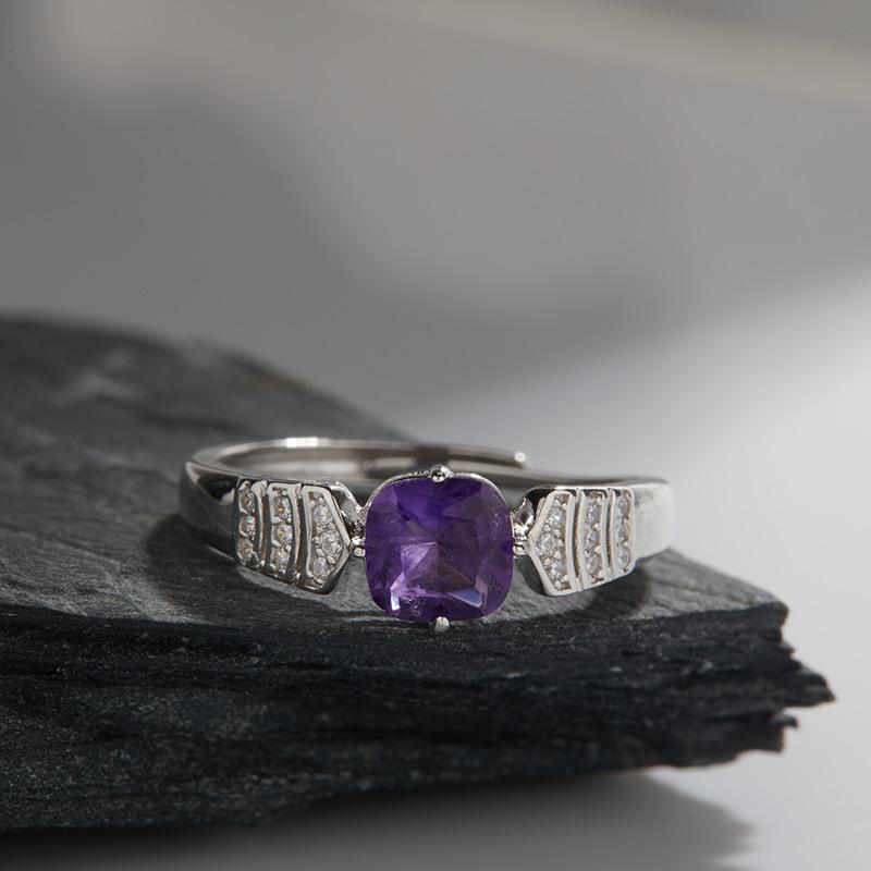 S925 Sterling Silver Natural Topaz Diopside Amethyst Color Treasure Ring Women'S Light Luxury Square Circle Ring French