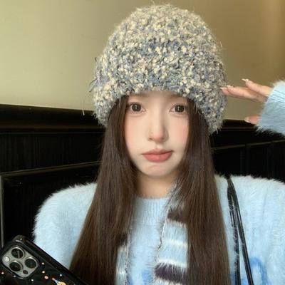 Japanese Sweet and Cute Mixed Color Woolen Hat for Women In Autumn and Winter Thickened Warm Ear Protection Headband Small Knitted Hat with Face