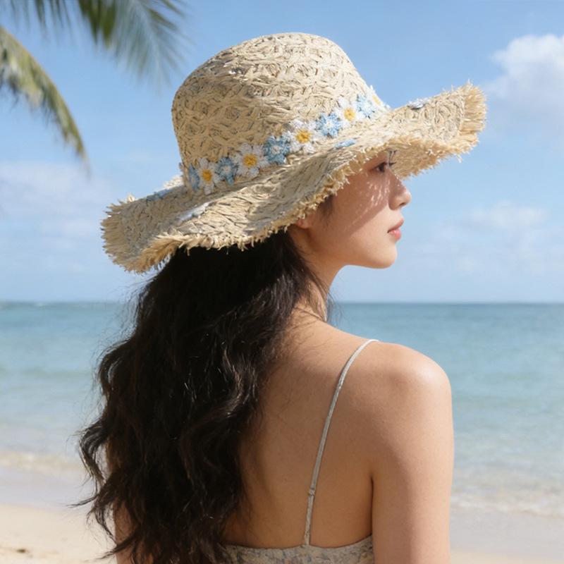 Beach-Style Vacation Sun Hat Summer Floral Wreath Straw Hat for Women Woven Wide-Brimmed Sun Protection Hat