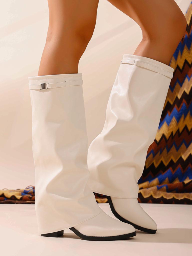 Foreign Trade Large Size Pointed European and American Tall New Boots 2025 Autumn and Winter Fold Thick Heel Sleeve High Heel Fashion Boots