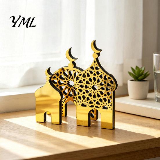 Golden Mosque Centerpieces 3PCS Ramadan Castle Ornament, Hollow Design, Thick Wood And Compact Party Decorations Acrylic Desktop Accents, Religious