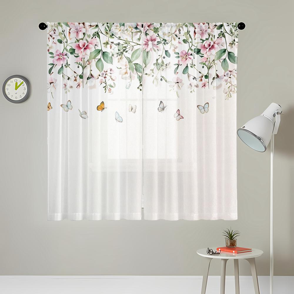 2 Pieces HD Digital Simple Butterfly Floral Printed Curtains Home Decorating Style Decorative Living Room Bedroom Rodding Curtai
