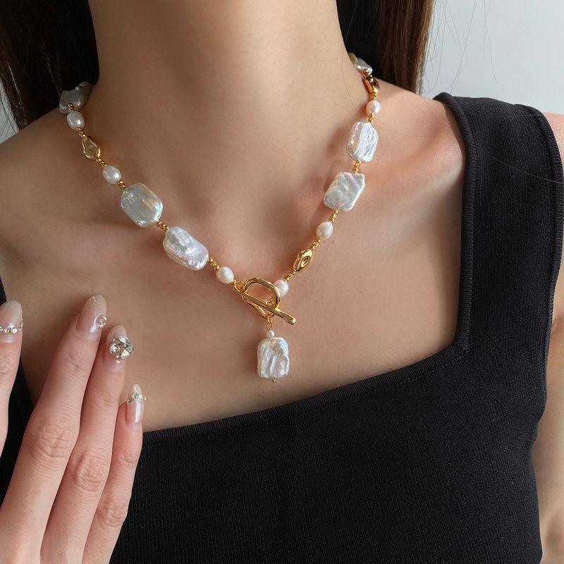 Alien-shaped Cube Freshwater Pearl OT Clasp Necklace, Irregular Metal Sweater Chain