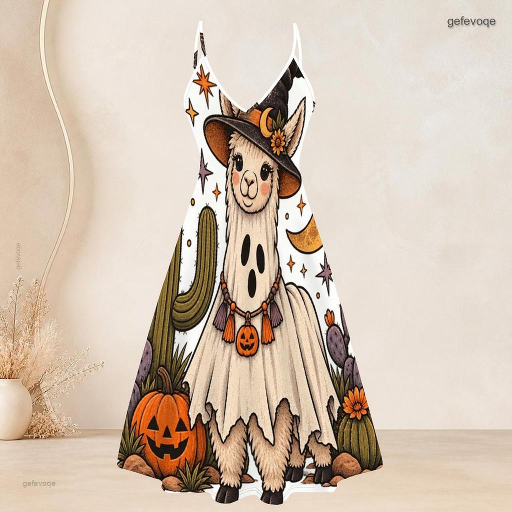Women Plus Size Two Piece Set Short Sleeve Cardigan Strappy V Neck Flared Dress Halloween Panda Ghost Printed