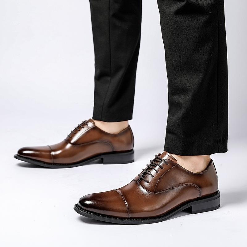 Three-joint Suit Men's Shoes Business Dress Leather Shoes Men's Pointed Oxford Shoes Leather Brown British Inner Height-increasing Shoes
