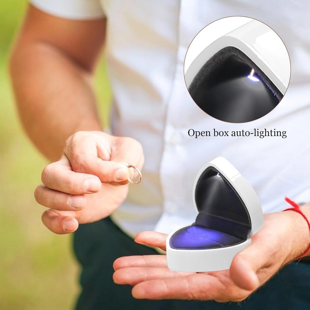 LED Ring Box Heart Shape, Auto Light Jewelry Gift Box for Engagement Proposal Wedding - White Velvet Interior, Creative Diamond Luxury Storage Display