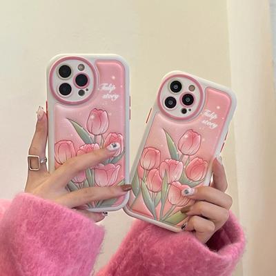 Tulipány květina 3D reliéfní kožené roztomilé růžové silikonové měkké pouzdro na telefon pro iPhone 11 12 13 Promax 14 Plus Pro Max kreslený zadní kryt