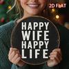 Letrero Redondo de Metal Retro Happy Wife Happy Life D Impreso Plano Estilo Negro Desgastado Placa de Lata Divertida para Pared de Hogar y Cocina D