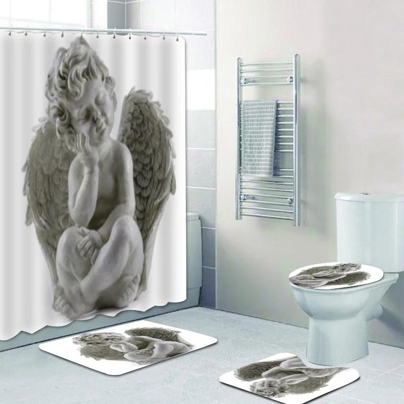 Watercolored Cute Angels Cherub Curtain Shower Curtains Set Floral Cupid Angel Wings Fairy Bathroom Curtain Set Mats Home Decor