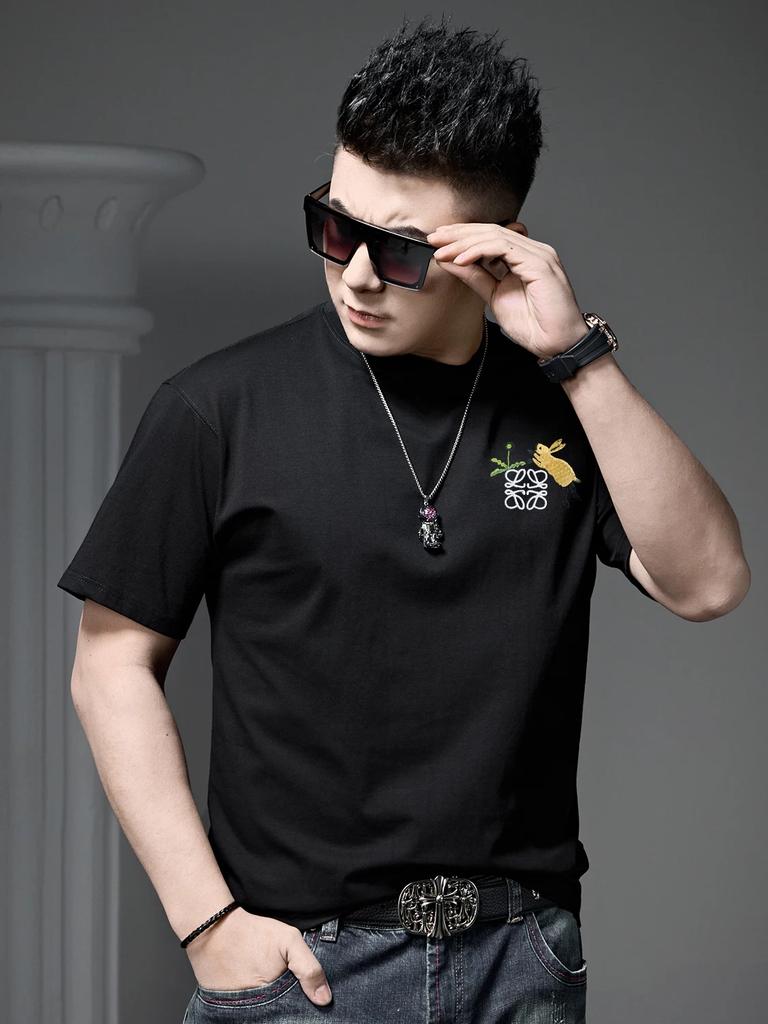 European Trendy Brand Pure Cotton Short-Sleeve T-Shirt for Men, Summer 2026 New Fashion Embroidered Tee, Half-Sleeve Top, Base Shirt