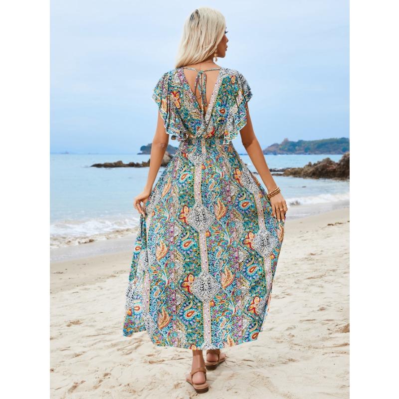 Rochie de vară de damă, cu decolteu în V, fără spate, cu volane, cu mâneci scurte, despicate, rochii de vacanță boeme