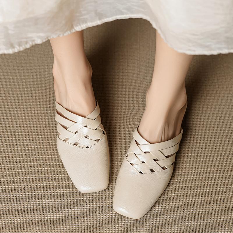 Fashion 2025 Summer New Genuine Leather Retro Semi-drag Mueller Slippers Woman Women's Low-heel Square Toe Casual Shoes Women Slippers
