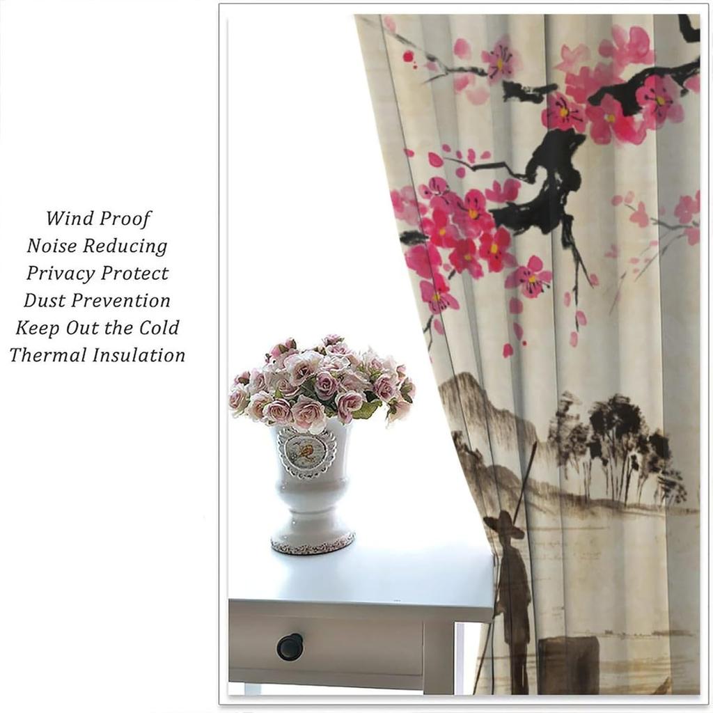 Room Darkening Cherry Blossoms Curtains Asia China Japanese Mountain Spring Ink Painting Window Drapes Living Bedro Curtain Vintage Polyester Washable