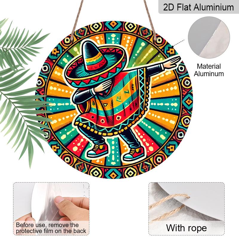 2D Flach, 1 Stück 7,87 Zoll Rundes Aluminiumschild, Mexikanisches Fiesta Sombrero & Maracas Design, Lebendige Kulturelle Metallwandkunst, Einfach Aufzuhängen Innen-/Außenbereich Dekor