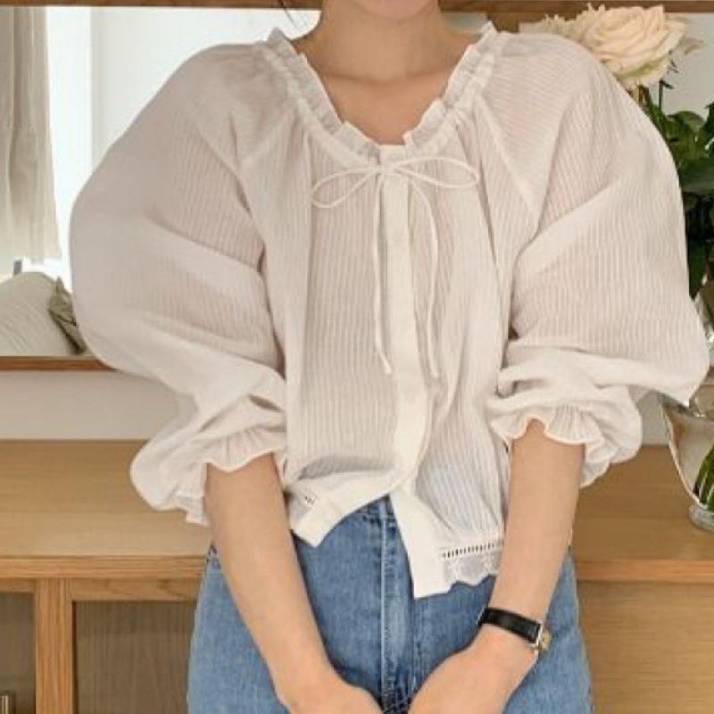 

2023 Корейская осень французского стиля кружева рукава-фонарика женская рубашка M