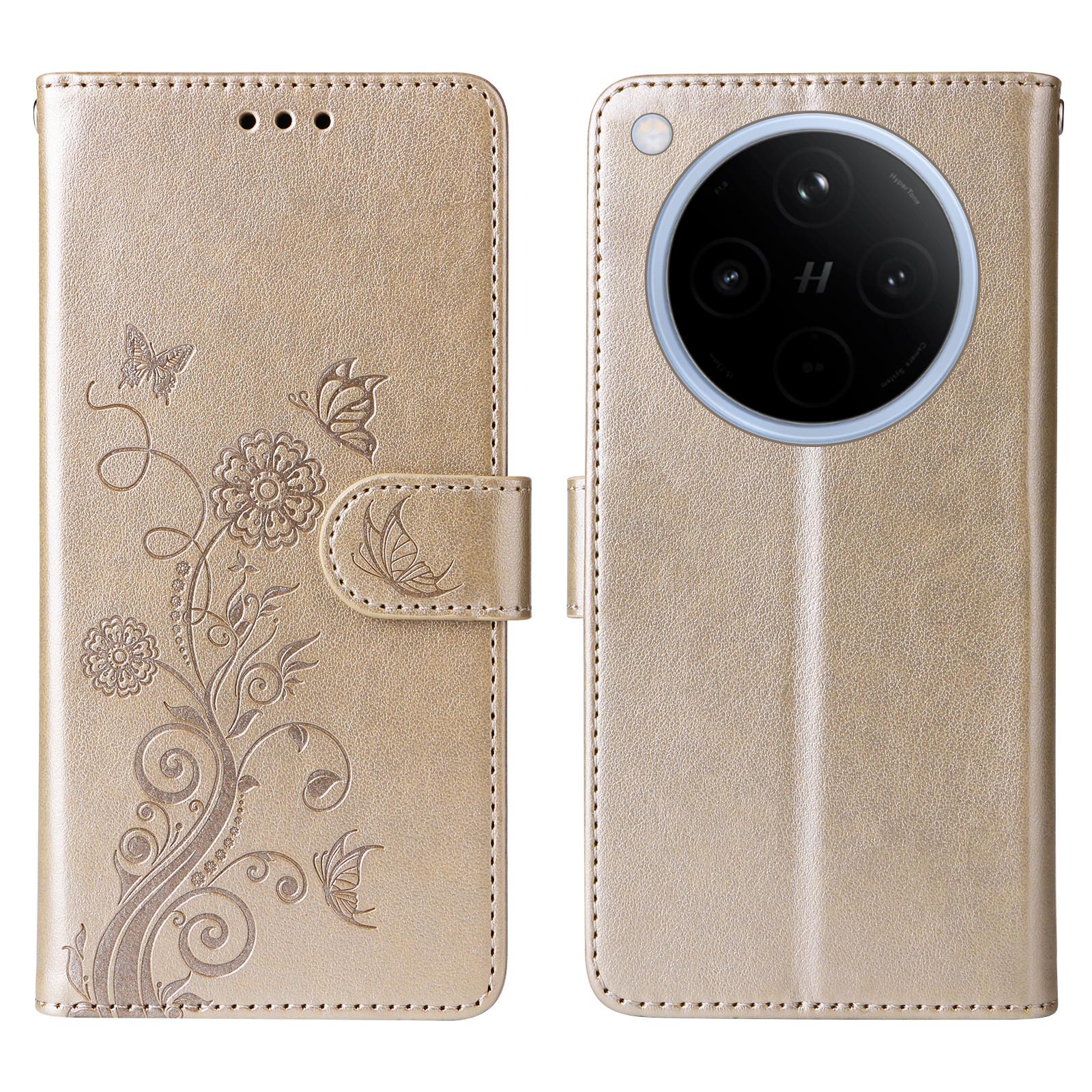 

Шкіряний чохол для Oppo Find X8 5G з тисненням Метелик та Квіти , чохол-гаманець з підставкою Gold